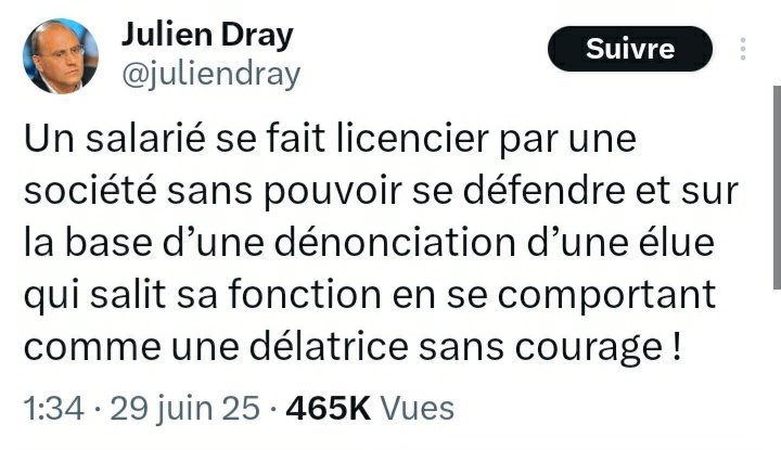 Un salarié se fait licencier SUR LA BASE DES RÈGLES APPLIQUÉES PAR SA PROPRE HIÉRARCHIE pour avoir agressé À DEUX REPRISES une élue en criant “on va te la brûler ta Palestine” (j’ai laissé passer la 1ere agression et il savait pertinemment que je comptais filmer au retour).