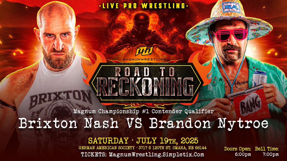 At Road to Reckoning, Your Mom’s Favorite Wrestler will face Judas himself, Brixton Nash. Only one of these men can move on to the Fatal Fourway to determine our #1 contender, and after the way last month ended… well, we know who we’re cheering for.

simpletix.com/e/magnum-wrest…
