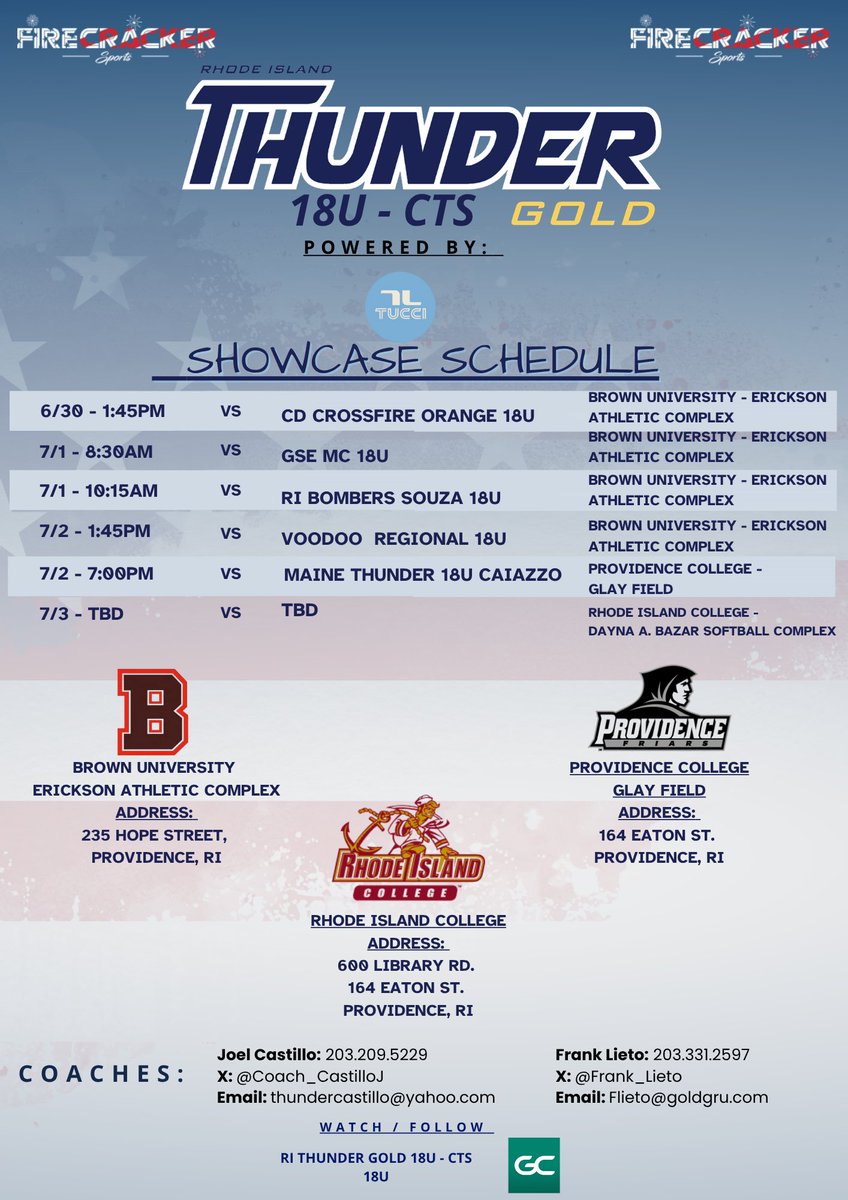 We’re off to the Firecracker Showcase this week🧨🥎
Hope you can come check us out!

<a href="/Frank_Lieto/">Frank Lieto</a> <a href="/Coach_CastilloJ/">Coach Castillo</a>