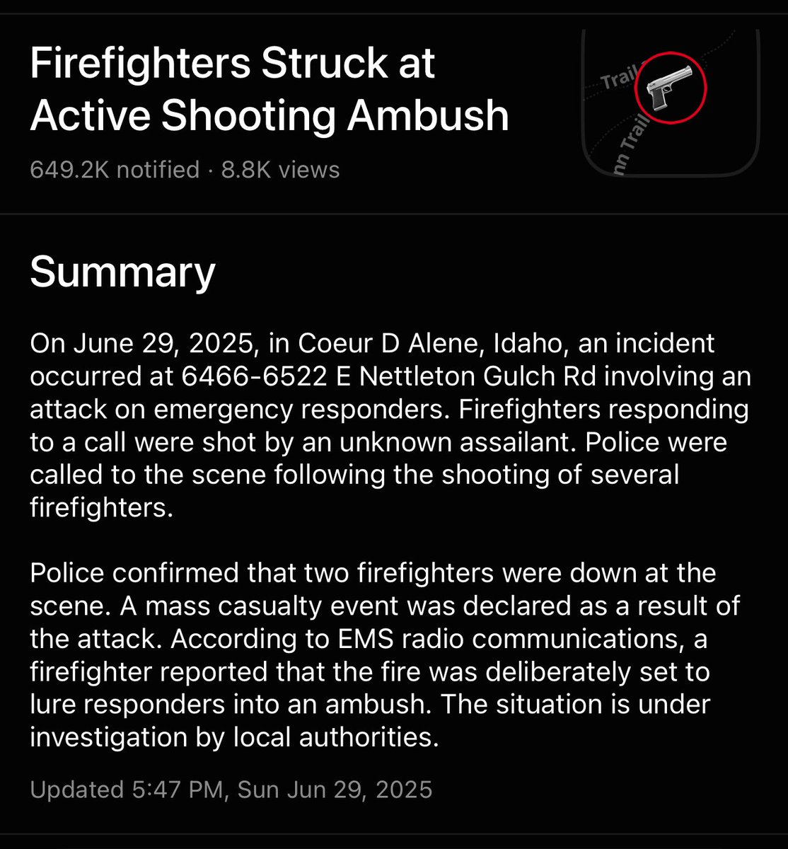 Ryan Stryker (@strykerfromfl) on Twitter photo Beware, <a href="/TPASarah/">Sarah Adams</a> has been highlighting attack vectors like this. Seemingly active situation ongoing in Idaho shooting involving firefighters. Beware, <a href="/TPASarah/">Sarah Adams</a> has been highlighting attack vectors like this. Seemingly active situation ongoing in Idaho shooting involving firefighters.