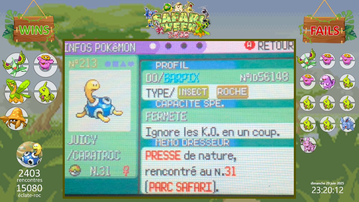 This #SafariWeek2025 was insane and ends with this shiny shuckle in emerald after 2403 RE'S and 15 080 total rock smash. Caught after 8 balls and two 3 shake fake. #SHLS10