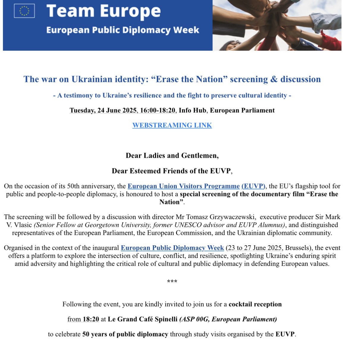 An honor to screen our Ukraine film ERASE THE NATION and to give opening remarks with First Vice-President of the European Parliament, <a href="/sabineverheyen/">Sabine Verheyen</a> - with thanks to the fantastic <a href="/Europarl_EN/">European Parliament</a> <a href="/EU_Commission/">European Commission</a> EUVP team <a href="/TomaszGrzywacz3/">Tomasz Grzywaczewski</a>