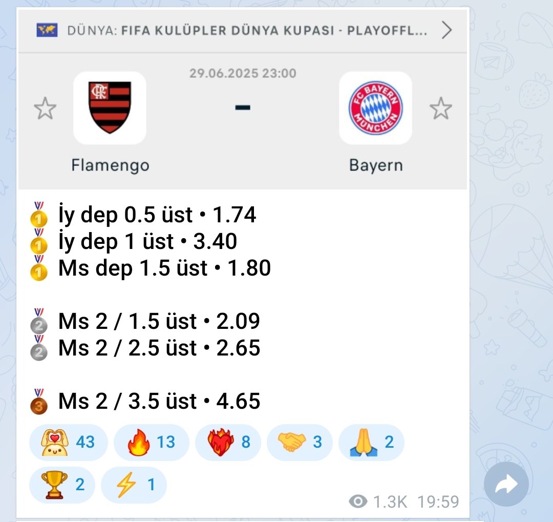 Tek maç 6 bahis 6/6 win

✅ İy dep 0.5 üst • 1.74
✅ İy dep 1 üst • 3.40

✅ Ms dep 1.5 üst • 1.80

✅ Ms 2 / 1.5 üst • 2.09
✅ Ms 2 / 2.5 üst • 2.65
✅ Ms 2 / 3.5 üst • 4.65