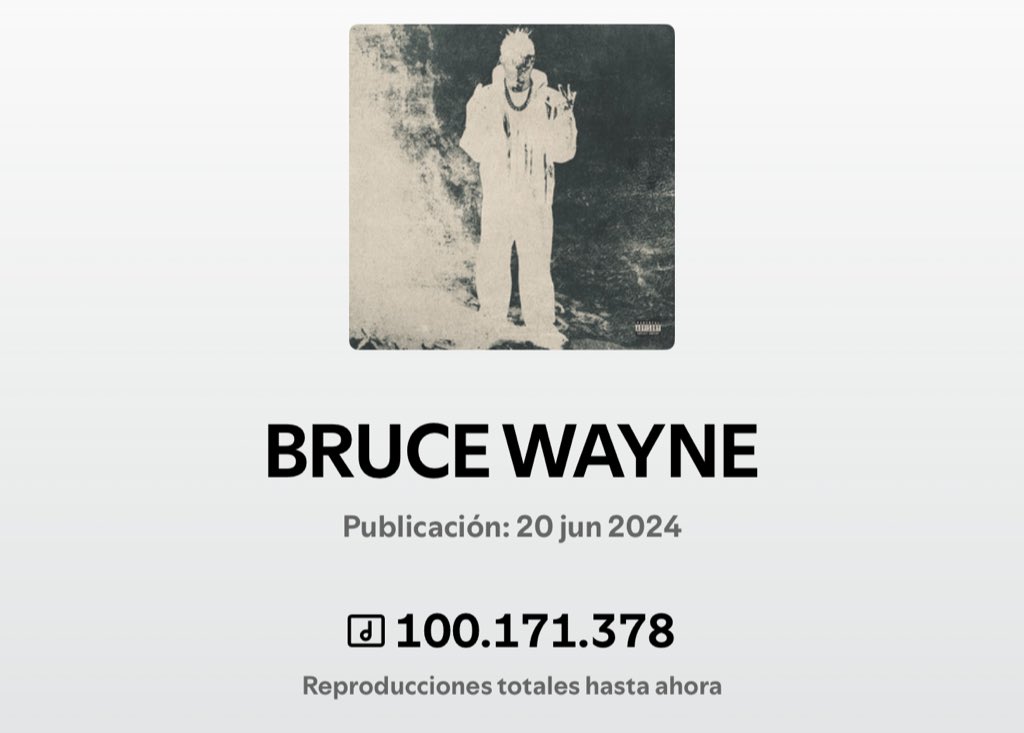 PesoPlumaData's tweet photo. “BRUCE WAYNE” ha superado los 100 MILLONES de streams en Spotify. 

— Es su canción #61 en lograrlo. https://t.co/DkIXlwI0Aa