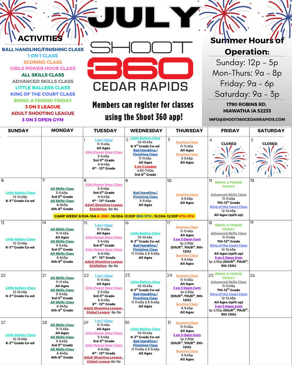 July is heating up at Shoot 360 CR 🔥Whether you’re just starting out or sharpening your skills, we’ve got something for everyone—youth camps, new classes, and the return of our Adult Shooting League! 🏀 Let’s get better together. 👊

🔗: forms.gle/99tY4kEu5AyYRz…