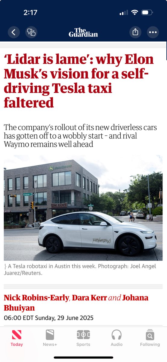 seeker_4ever's tweet photo. This Guardian article would lead you to conclude FSD is totally broken. And of course, Lidar+radar+camera is the gold standard. Robotaxis working for the last week in Austin is just vaporware. No mention of safety data published every quarter@CernBasher @herbertong @thejefflutz🤦‍♂️ https://t.co/UCPBEu23dF
