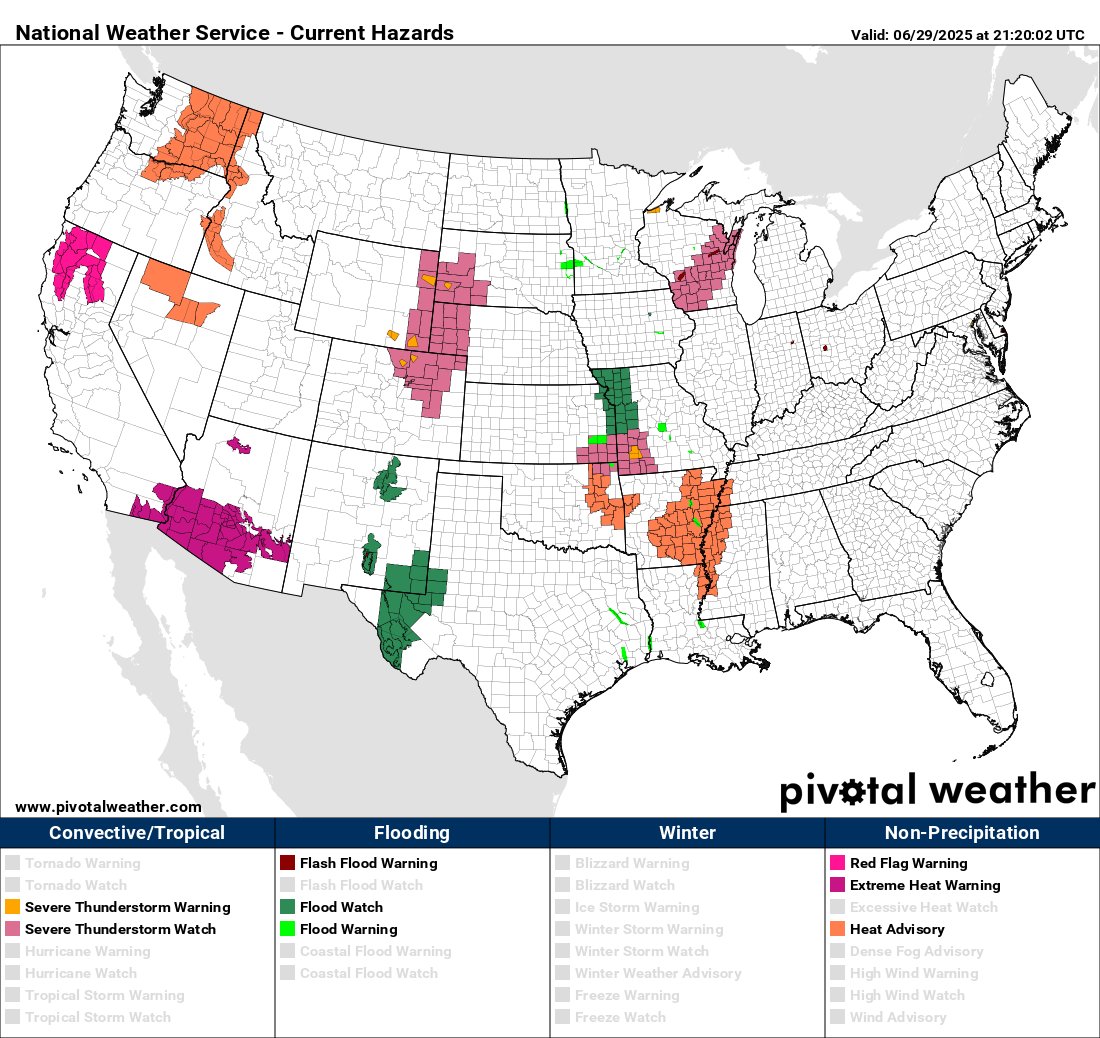 climateguyw's tweet photo. On 6/29 A sprawling CAT2 heatwave affected some areas of the West into the mid-Mississippi Valley. #HeatwaveShell died on Saturday with its heat dome dissipating. My oil company naming criteria: https://t.co/3BrQn4kSiY @olliemilman @CCLSVN https://t.co/ZQq0FHWAAM