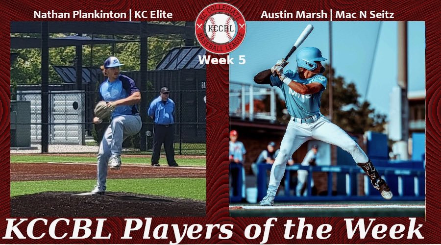 KC Collegiate Baseball League (@kccbl1) on Twitter photo Week 5 Awards!
Player of the Week:
<a href="/AustinMarsh__/">Austin Marsh</a> (<a href="/macnseitzkc/">Mac N Seitz Baseball Club</a>)
.800 AVG
8 H
4 HR
8 RBI
6 R
Pitcher of the Week:
<a href="/NPlankinton/">Nathan Plankinton</a> (<a href="/KC_Elite_S/">KC Elite Sports</a>)
7.0 IP
1.29 ERA
8 H
10 K
0 BB
1 ER Week 5 Awards!
Player of the Week:
<a href="/AustinMarsh__/">Austin Marsh</a> (<a href="/macnseitzkc/">Mac N Seitz Baseball Club</a>)
.800 AVG
8 H
4 HR
8 RBI
6 R
Pitcher of the Week:
<a href="/NPlankinton/">Nathan Plankinton</a> (<a href="/KC_Elite_S/">KC Elite Sports</a>)
7.0 IP
1.29 ERA
8 H
10 K
0 BB
1 ER