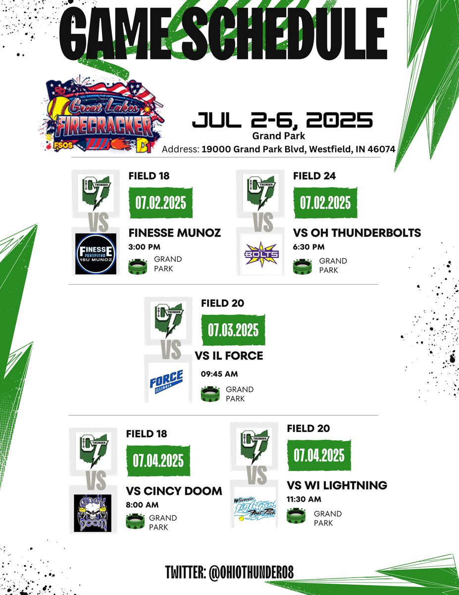 Here is my schedule for this weekend at the Great Lakes Firecracker tournament. <a href="/MiamiOH_SB/">Miami Softball</a> <a href="/OhioBobcatSB/">Ohio Softball</a> <a href="/YSUSoftball/">Youngstown State Softball 🐧</a> <a href="/CapUSoftball/">Capital University Softball</a> <a href="/IWUWildcats/">Indiana Wesleyan University Wildcats</a> <a href="/umichsoftball/">Michigan Softball</a> <a href="/OhioStateSB/">Ohio State Softball</a> <a href="/UFOilerSoftball/">Findlay Softball</a> <a href="/FlyerSoftball/">Dayton Softball</a>  <a href="/Franciscan_SB/">Franciscan Softball</a>  <a href="/DubC_Softball/">Wilmington College Softball</a> <a href="/OhioChr_SB/">Ohio Christian University Softball</a>