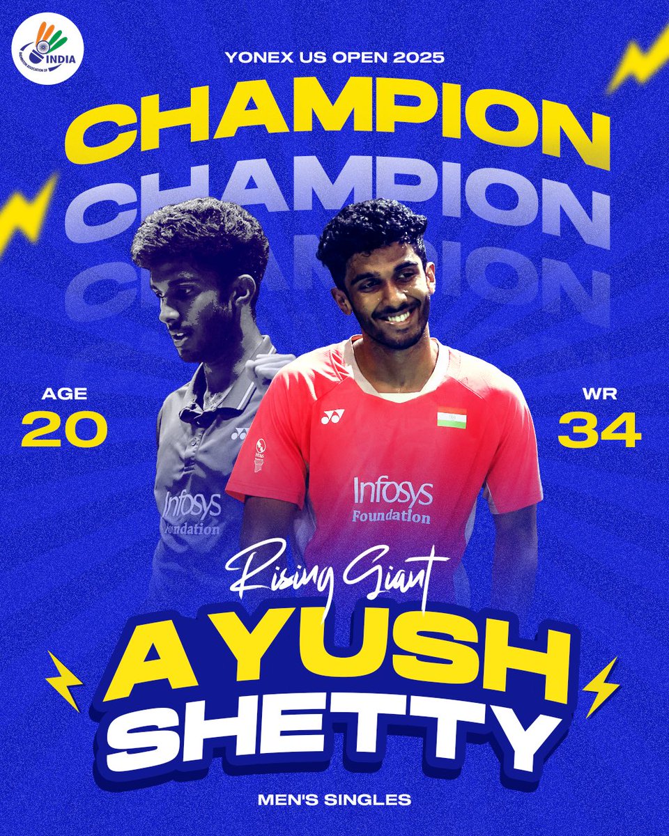 🚨BREAKING: 
🇮🇳AyushShetty clinches maiden BWF Super300 title, winning the US Open 2025!

He dismantled Brian Yang in straight games 21-13, 21-18 with commanding flair right from start to the end.

A breakthrough triumph that cements his arrival among badminton’s elite and marks