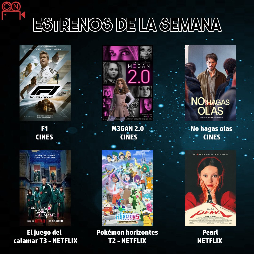 cinenumeros's tweet photo. Tarde de domingo para ponerse al corriente con los estrenos de la semana. Entre acción, ciencia ficción y espectaculares series, ¿a qué historia le darás una oportunidad? 😱🔥

#F1 #M3GAN #SquidGame  #Ironheart #TheBear https://t.co/jA1wRD2wJ4