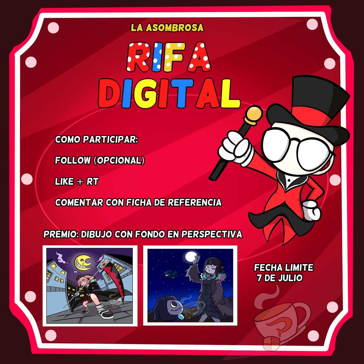 [ART RIFFLE]
Así es Pomni, ¡La sombrosa Rifa Digital ya esta aquí!

Para terminar el arco del regreso del hiatus, voy a realizar un sorteo, para celebrarlo.
Detalles de participación en la imagen.
Buena suerte.
#artraffle #raffle  #artgiveaway