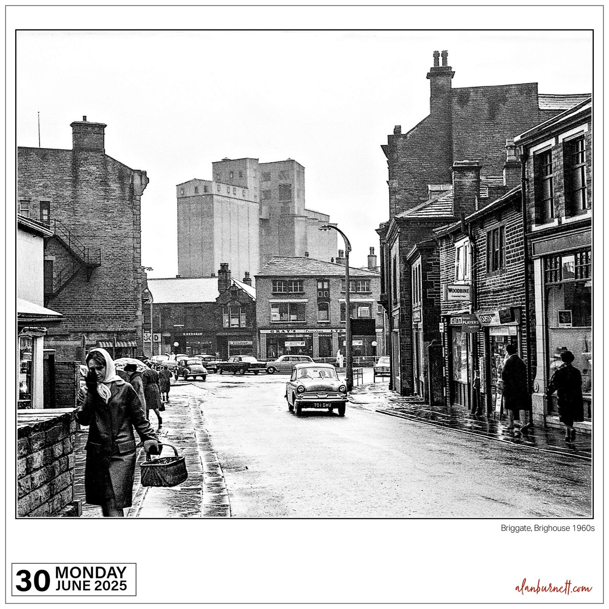 If you are familiar with Brighouse in West Yorkshire, you might recognise the scene depicted in this photo I took fifty-odd years ago. The flour silos are still there (although they are a climbing activity centre now) and so are some of the buildings at the bottom of Briggate.