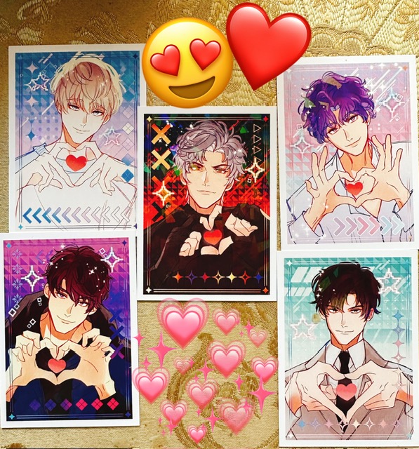 love and deepspace photocards for ax 💃✨ AND it's on etsy right now for preorder 💃✨ (sylus is in the middle because he's my main mans) #loveanddeepspace