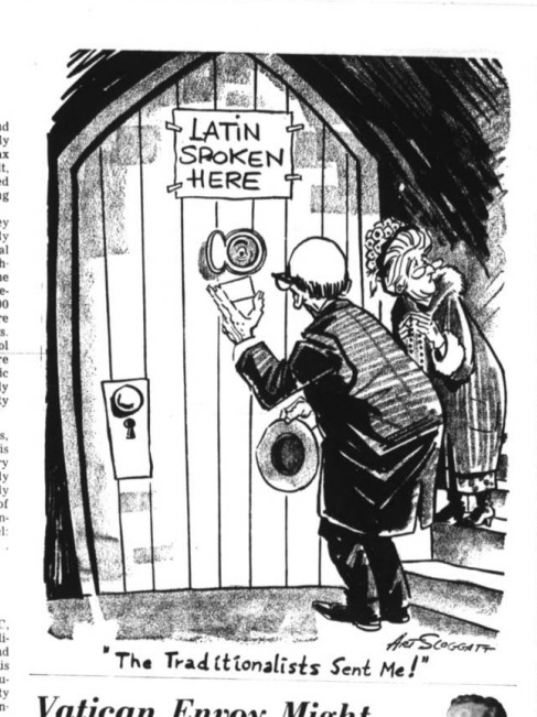 SharonKabel's tweet photo. Cartoon in The Catholic Advocate, April 1965: "The traditionalists sent me!" 

https://t.co/Y1Fj5H6lAp https://t.co/wimvBzS0Vo