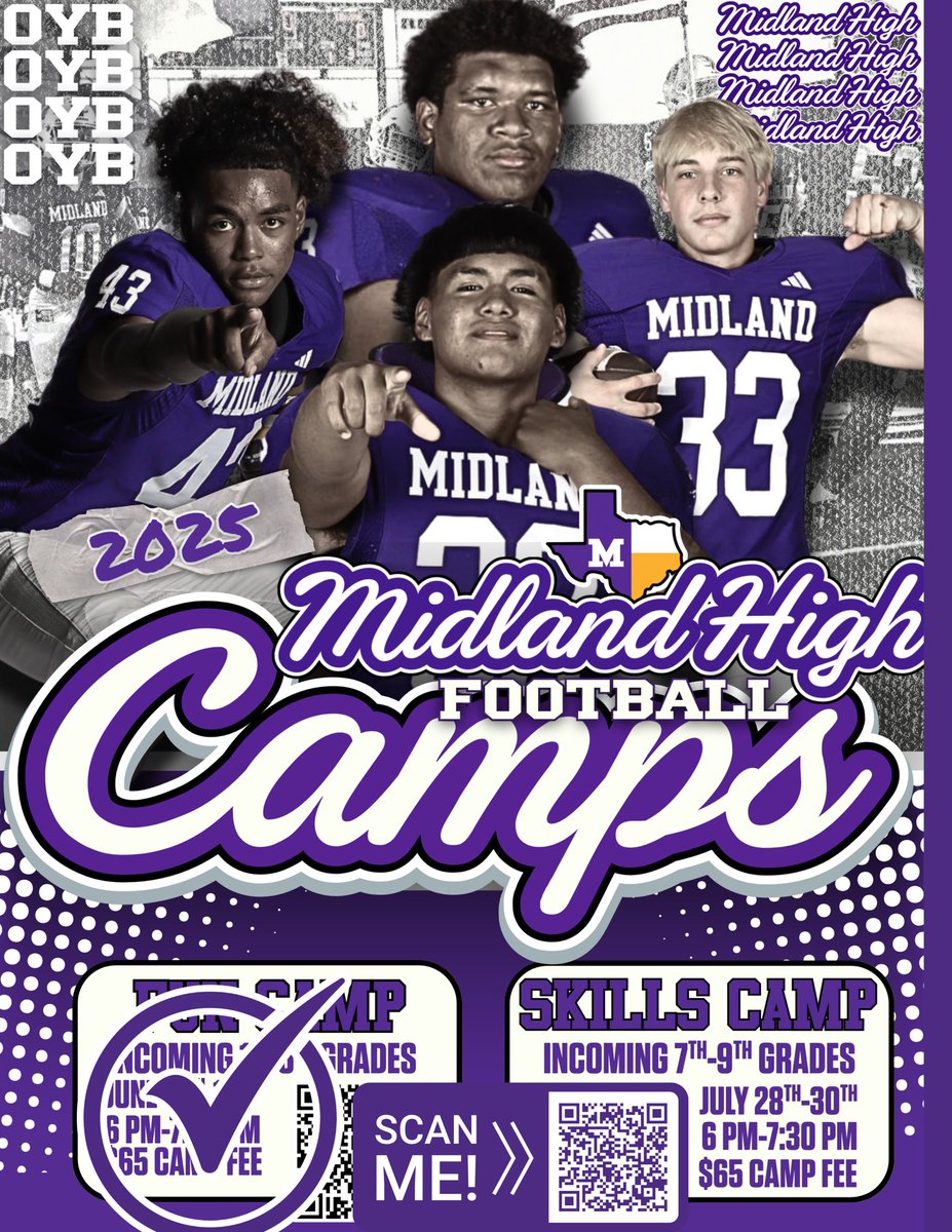 midlandhighfb's tweet image. 7th-9th Graders: Our 2025 Skills Camp is less than a month away! Get registered today!
Midland Freshman✅
San Jacinto✅
Goddard✅
📍Memorial Stadium
📆July 28th-30th
⏰6 PM - 7:30 PM
🔗 midlandisd.revtrak.net/midland-senior…
Let’s go to work!
🟣⚪️
#OYB