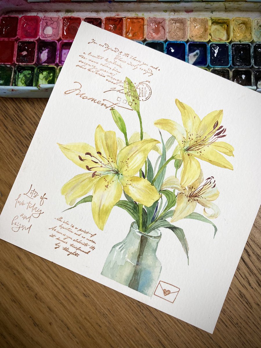 DingpingCn's tweet image. 今朝は、黄色い百合を瓶に生けた水彩画を描きました。
#watercolorpainting #art #watercolor #watercolorart #drawingart #水彩画