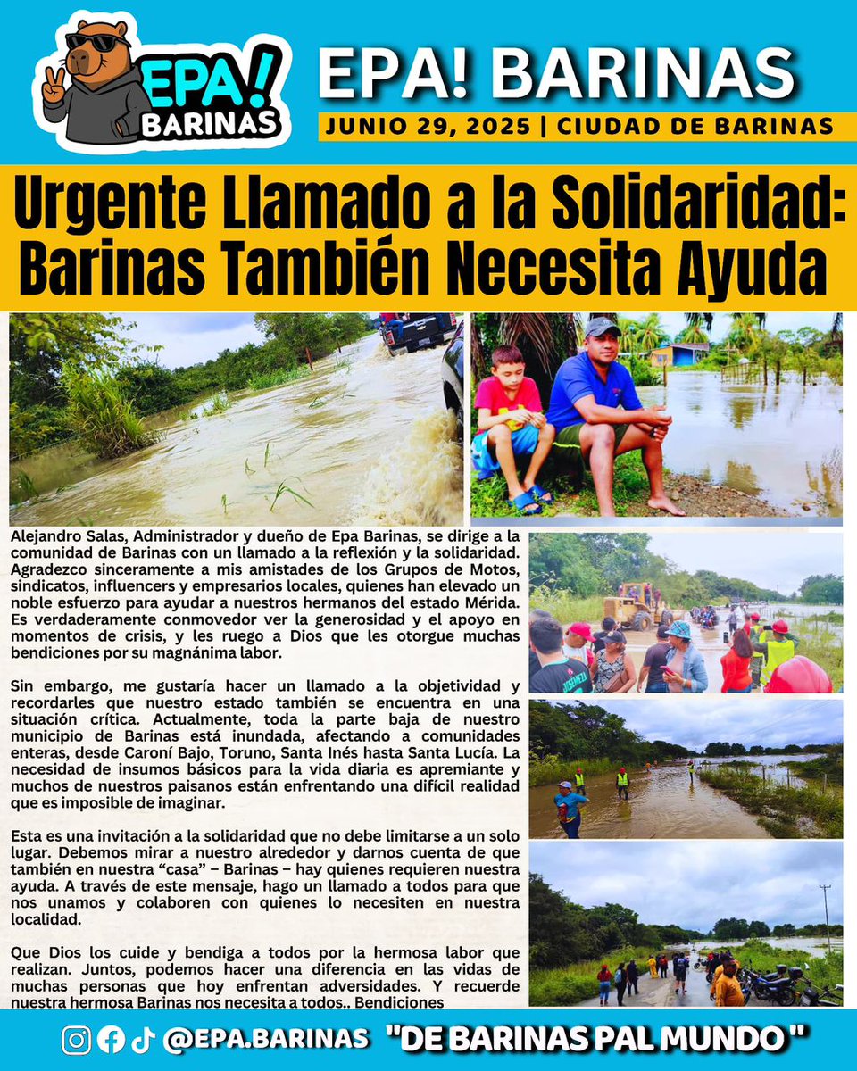 #Barinas también necesita tu ayuda!
Desde Junior Rangel  Noticias, nos unimos al llamado urgente de Epa Barinas: la devastación causada por las lluvias no se limita a Mérida. *Nuestro propio estado, Barinas, enfrenta una situación igualmente crítica, con numerosas familias