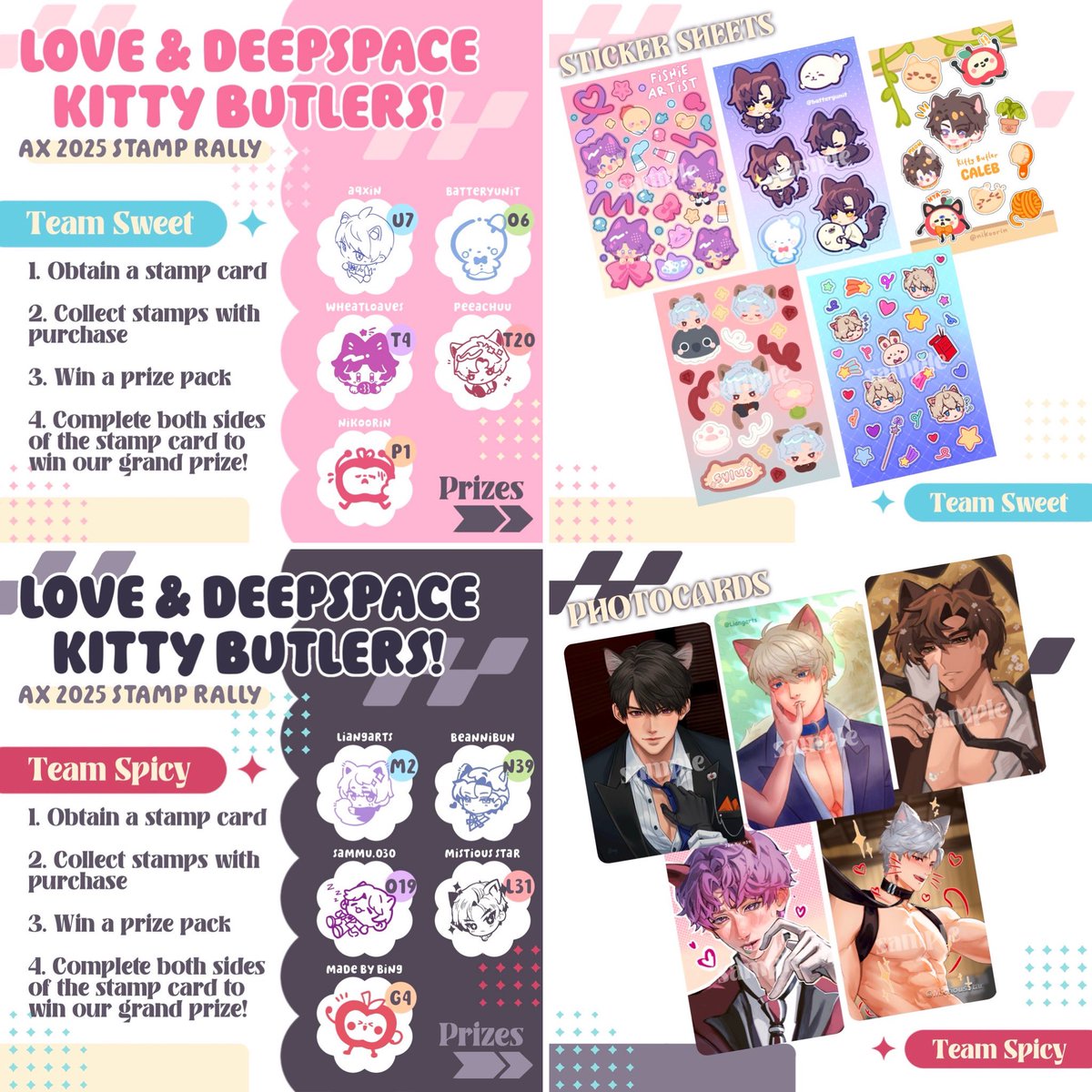 BeanniBun's tweet photo. 🌸 KITTY BUTLER LADS STAMP RALLY 🌸

WheatLoaves is hosting a huge love and deep space stamp rally! We have something for you if you enjoy something more sweet, or something more spicy! 

Spend $5 at each booth and receive our prize pack! 

#loveanddeepspace #AXArtistAlley2025 https://t.co/KakF2Mbcf3