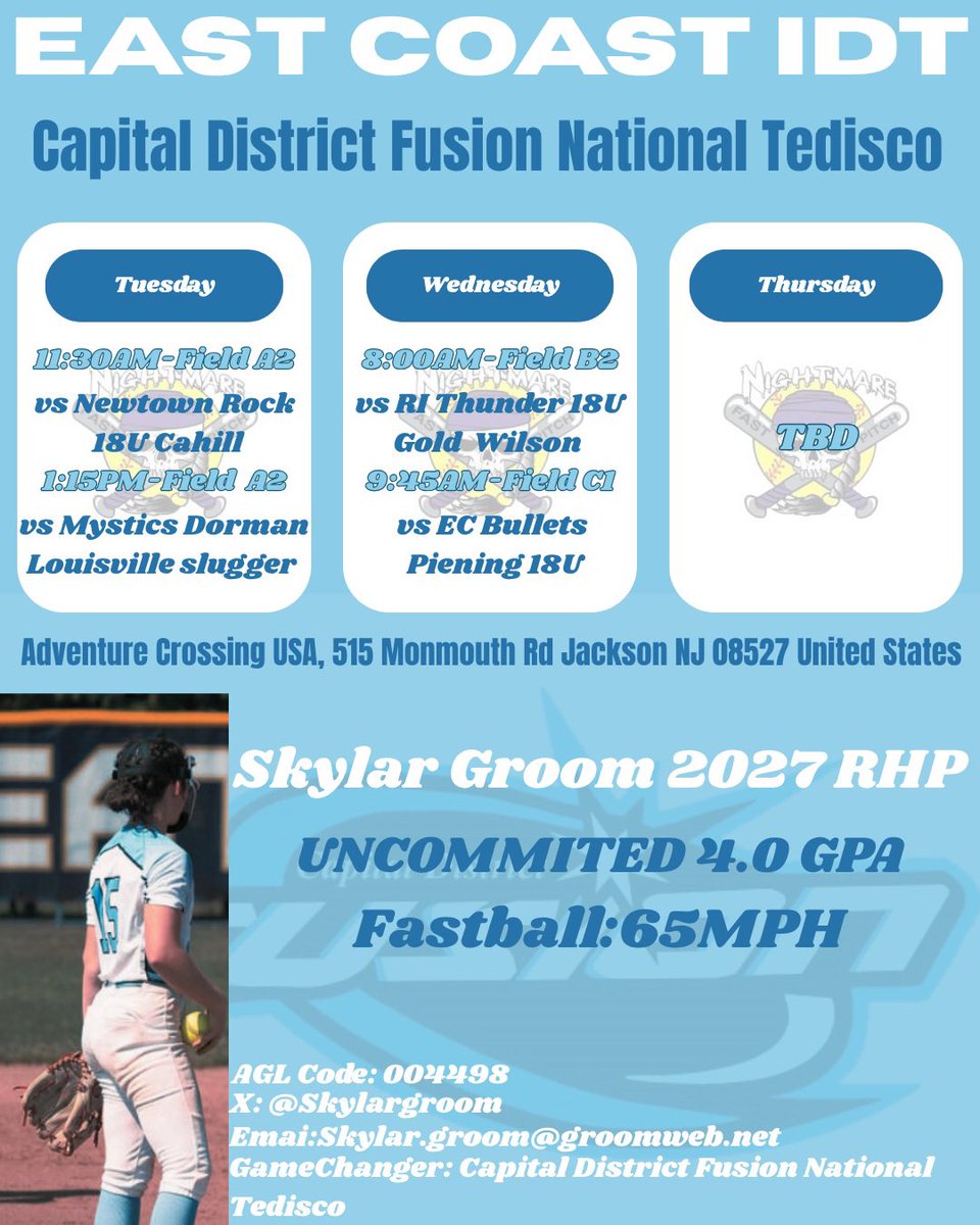 Skylar Groom 2027 (@skylargroom) on Twitter photo I’m excited to be back at Adventure Crossing again this week for East Coast IDT!
<a href="/CDFusionSB/">Capital District Fusion Softball</a> <a href="/nightmarefp/">Nightmare Fastpitch</a>
Here’s our schedule ⬇️ I’m excited to be back at Adventure Crossing again this week for East Coast IDT!
<a href="/CDFusionSB/">Capital District Fusion Softball</a> <a href="/nightmarefp/">Nightmare Fastpitch</a>
Here’s our schedule ⬇️