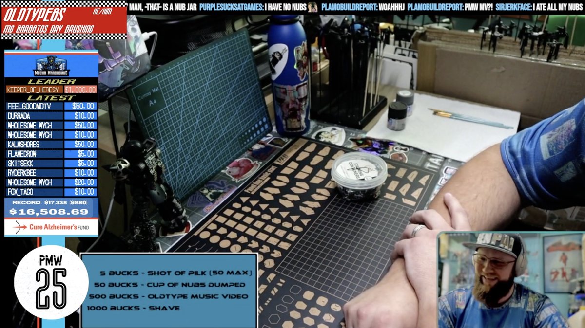 plamoweekender's tweet image. We&apos;re closing in on the finish line! PMW25 welcomes @oldtype85 to the stage with the MG Barbatos, and if we beat the previous PMW record this segment, that beautiful beard is getting a shave!! GET IN!!

twitch.tv/plamoweekender