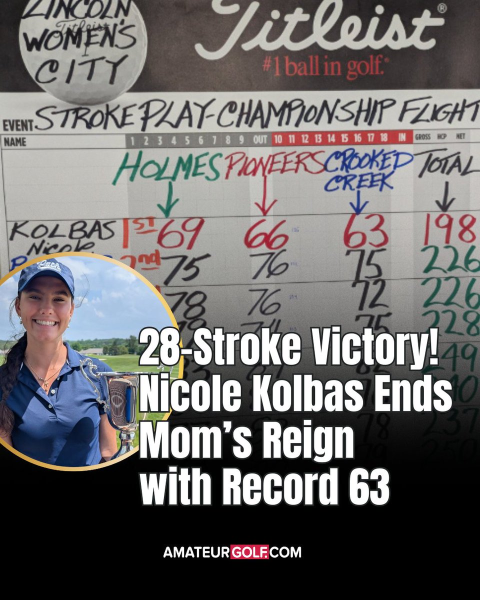 amateurgolfcom's tweet image. Nicole Kolbas wins the Lincoln Women’s City by 28 shots, dethroning her 18-time champ mom. 🔥 Caps it with a course-record 63 at Crooked Creek. The torch has officially been passed. 🏆 #Golf #WomenInGolf #NebraskaGolf