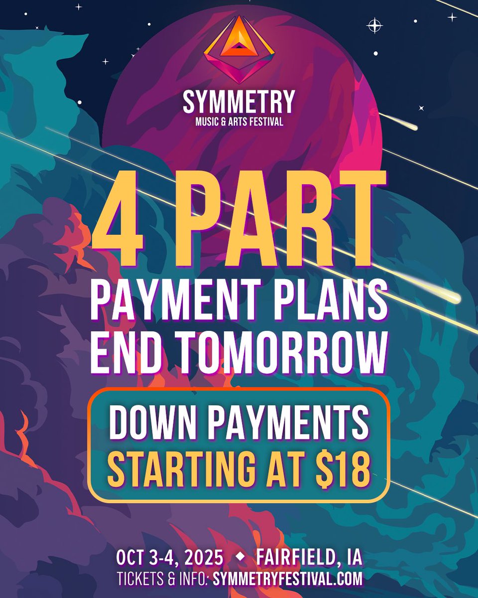 4 Part Payment Plans end TOMORROW 💸

It’s your last chance to put down $18 to pay for your Symmetry ticket in $40 installments! 

See you in the corn 🫡
symmetryfestival.com