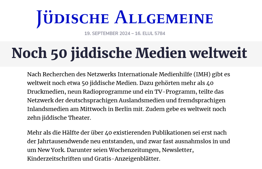 Liste jiddischer Medien hier bei uns bestellen: imh-service.de/verlag/juedisc…

#Jiddisch #yiddish <a href="/yiddishkayt/">Yiddishkayt</a> <a href="/YiddishNews/">Yiddish News</a>
<a href="/folksbiene/">Folksbiene Theatre</a> <a href="/YiddishBookCtr/">Yiddish Book Center</a> <a href="/jiddischkultur/">Jiddisch Goteborg</a>
<a href="/Forverts/">פארווערטס</a> <a href="/JewishBerlin/">Jüdische Gemeinde Chabad Berlin</a> <a href="/Jerusalem_Post/">The Jerusalem Post</a> <a href="/FokusJerusalem/">Fokus Jerusalem</a> <a href="/IsraelinGermany/">Botschaft Israel</a> <a href="/jmberlin/">Jüdisches Museum Berlin</a> #IMH #Theater #jüdisch #Israel