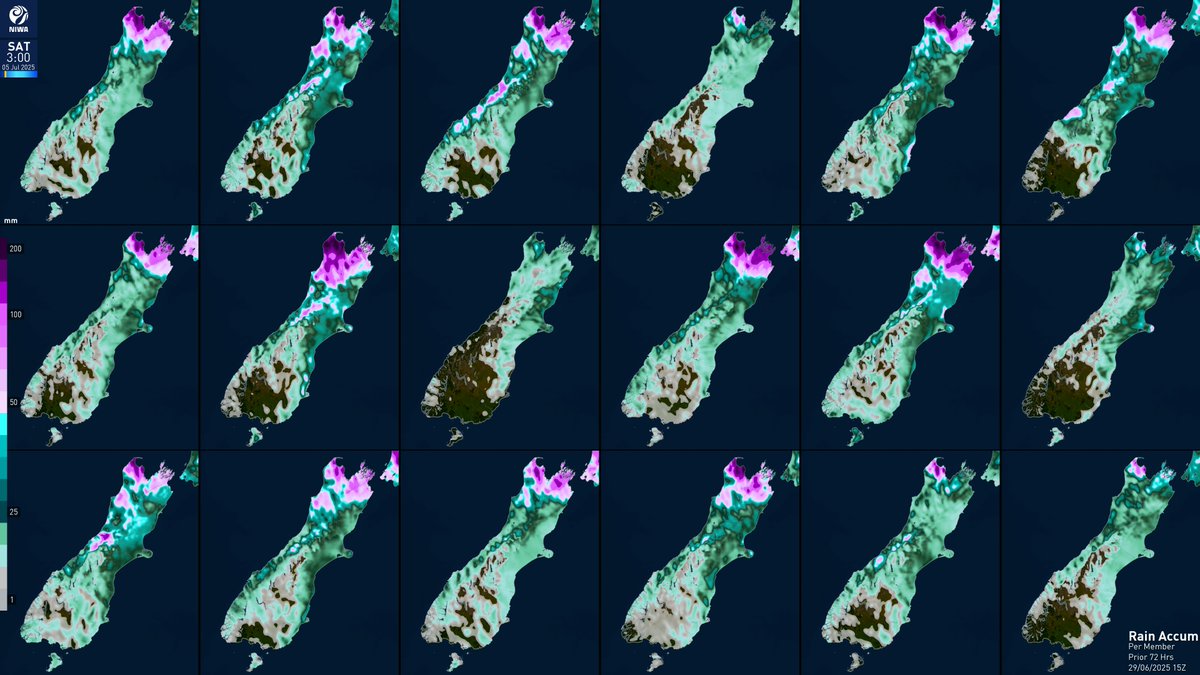 More active weather is expected later this week.

Below is an *early* indication of what may fall over 3 days.

Below are 18 scenarios, from which themes can be gleaned.

North Island: East &amp; north at most risk for heavy rain.

South Island: Top part at most risk for heavy rain.
