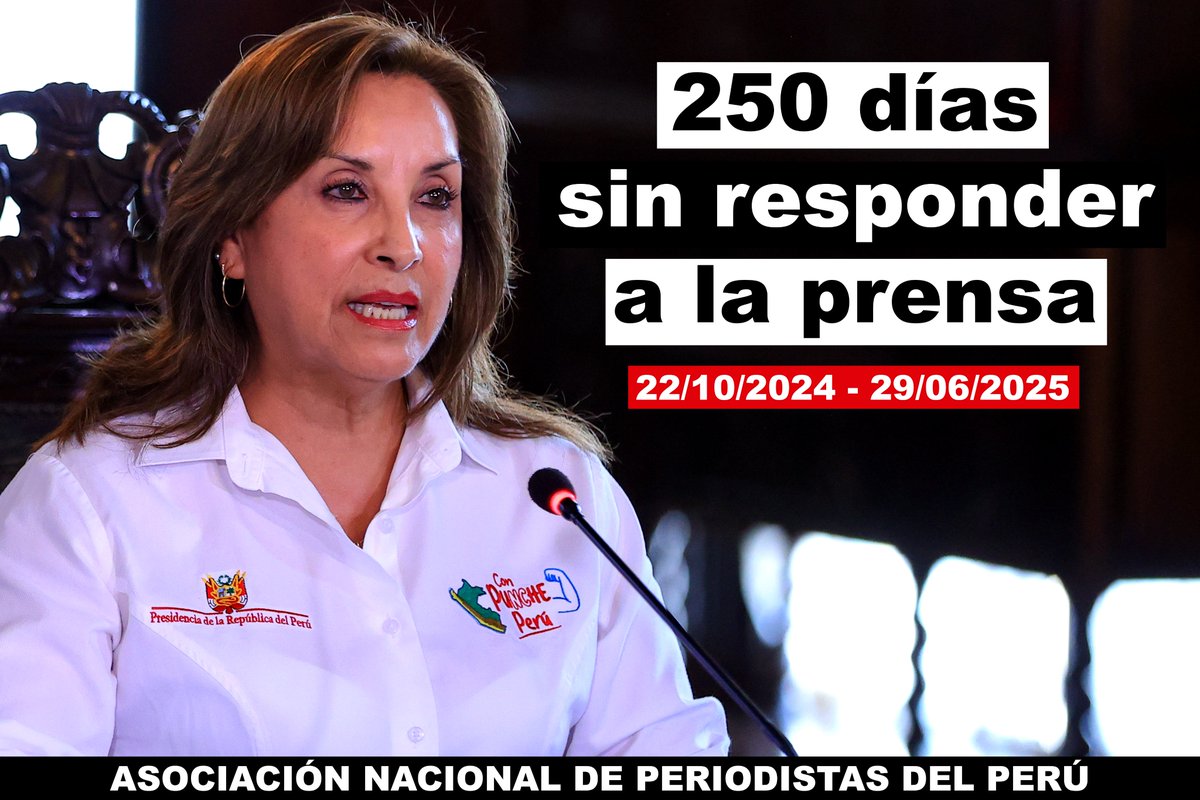 ANP_periodistas's tweet image. Este 29 de junio se cumplen 250 días desde la última vez que presidenta Dina Boluarte respondiera preguntas de periodistas. A esta opacidad se le debe sumar la profundización de su discurso estigmatizante en contra del periodismo de investigación
Ver más: bit.ly/4nq1JNZ
