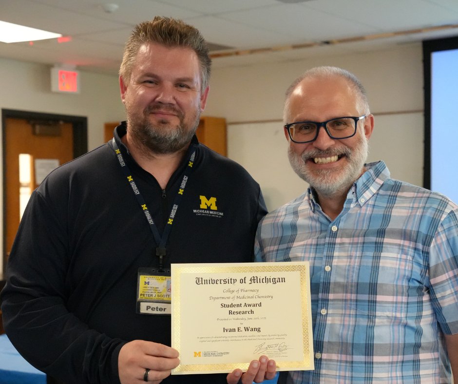 Congratulations to Katelyn Brown, Nikolaos Tripolitsiotis and Ivan E. Wang (not pictured) for receiving honors at this year's Medicinal Chemistry student award ceremony!