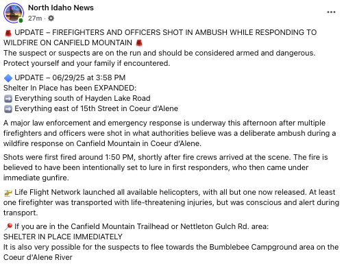 Idaho Firefighters Ambushed. Firefighters and law enforcement have been ambushed and shot in Coeur d'Alene, Idaho. #Prayers4Idaho