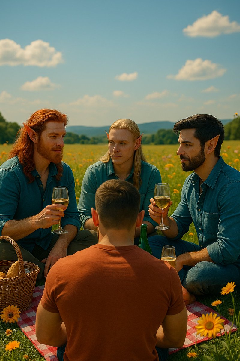 PixelSpellbook's tweet photo. 🌻 Golden afternoons, good wine, and even better company. Nothing beats a picnic with friends under sunlit skies.

#FantasyArt #ElvenLife #DigitalArt #PicnicVibes #SummerMagic #ArtCommunity #ElfAesthetic #BloodElves #AIArt #NatureLovers https://t.co/BwE8W6cABa