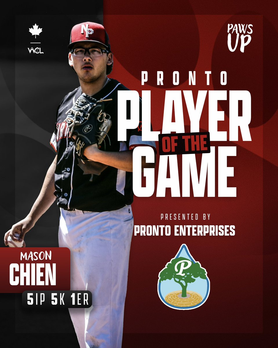 northpawsbb's tweet photo. Pronto Player Of The Game!

Mason Chien went 5IP allowing 1ER with 5K. Earning him player of the game!

Presented by 
Pronto Enterprises 

#pawsup #northpawsbaseball 

@WCLBaseball https://t.co/0rG0HwOADU