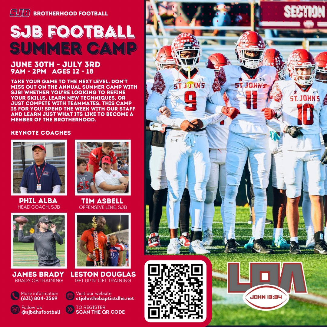 CoachTimAsbell's tweet image. It’s not too late to sign up for this week’s SJB Football Camp!
Camp starts tomorrow and runs from 9am-2pm Monday - Thursday, Lunch will be provided.
Each day will have a unique schedule, featuring
*Specialized position training
*Guest coaches
*Classroom sessions
*Weight-Room…