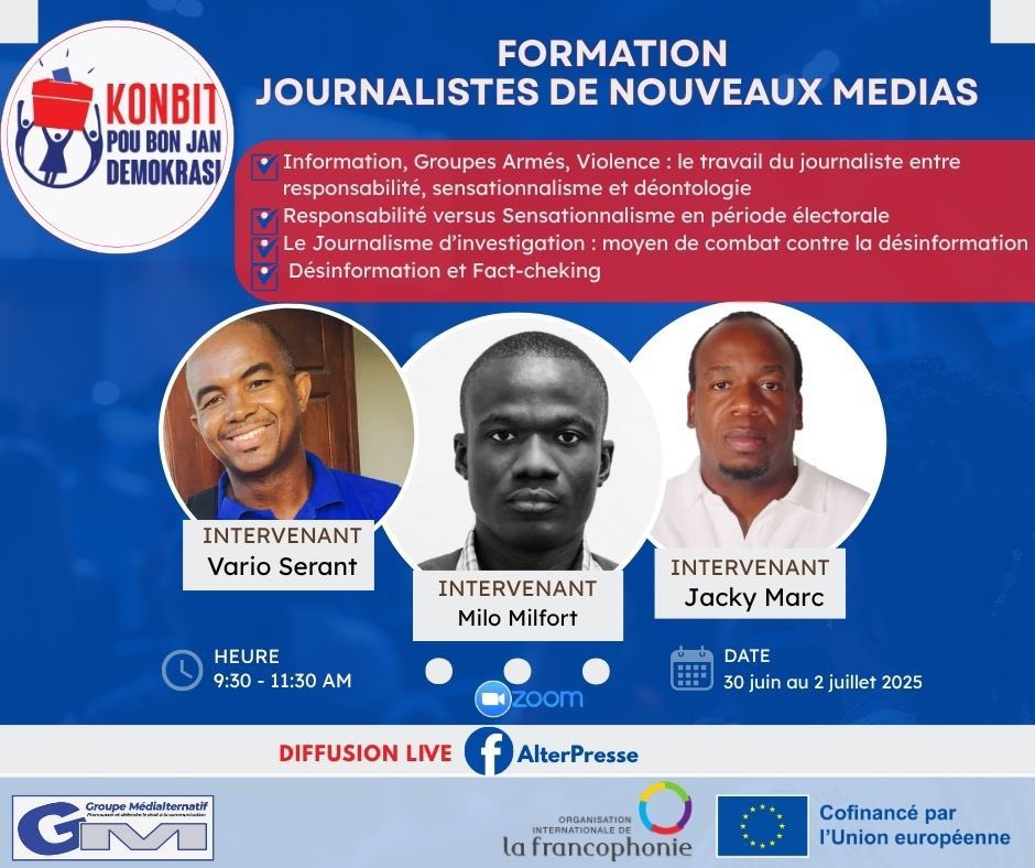 Renforcer les capacités des Journalistes des nouveaux médias: une urgence pour sauver l’information en Haïti.  <a href="/GMedialternatif/">Groupe Médialternatif</a> <a href="/efdecime/">EdnerFils Segur E. Bonnaig-Decime🌎</a> <a href="/gotsonpierre/">Gotson Pierre</a> <a href="/AlterPresse/">AlterPresse</a> <a href="/Jeanmary_simon/">Jean Mary Simon</a> <a href="/PCHERILIN/">Pierre-Antoine CHERILIN</a> <a href="/madjohD1/">Madjolah Pierre</a> <a href="/varioserant/">vario serant</a> <a href="/milforthaiti/">Milo Milfort</a> <a href="/EUDelegationHt/">L’Union européenne en Haïti</a> <a href="/OIFrancophonie/">La Francophonie</a>