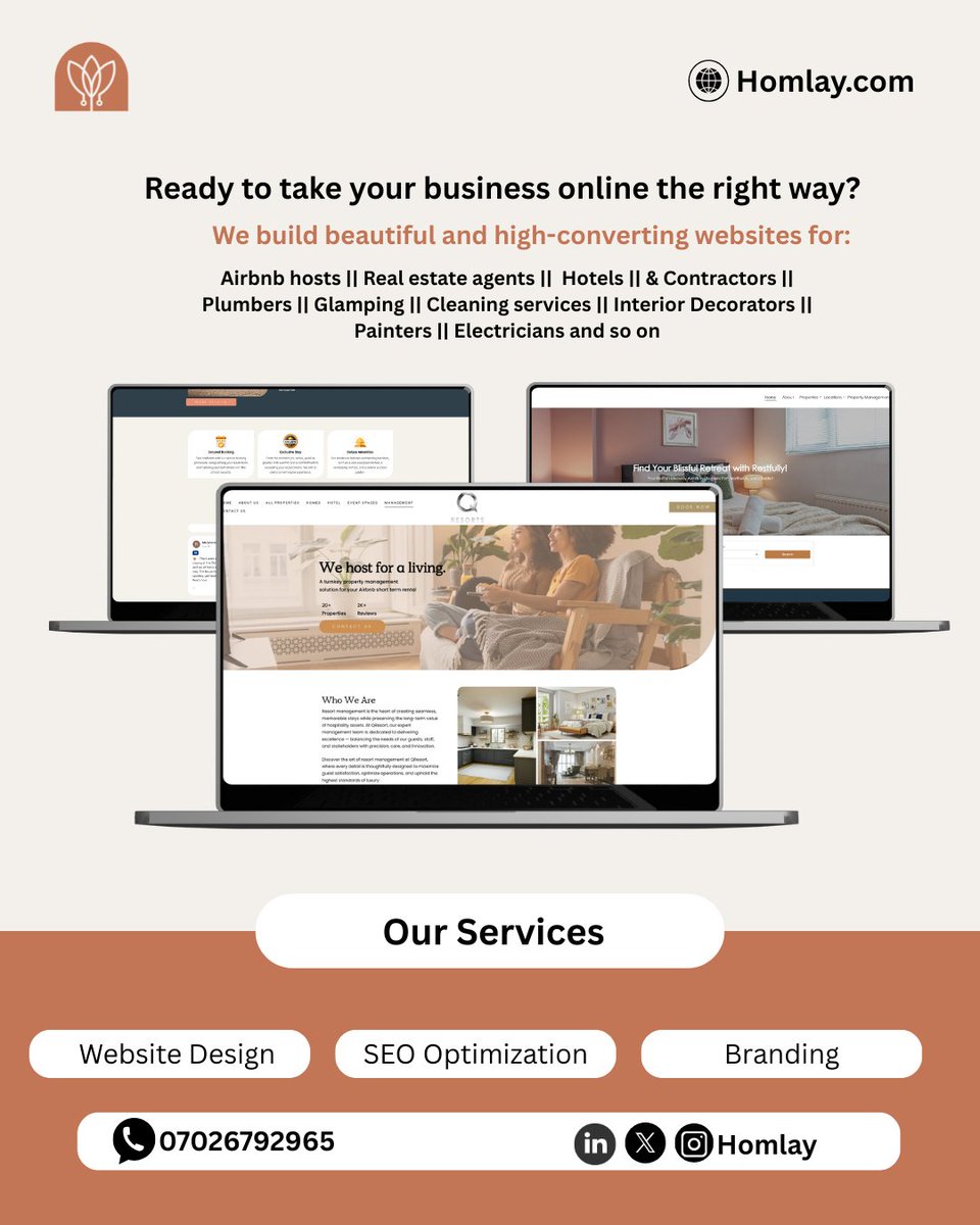 Homlay_'s tweet image. Your website should do more than look good — it should bring you clients.
We build fast, SEO-ready sites for service pros &amp;amp; property brands.
#WebDesign #WebsiteDevelopment #SmallBusinessWebsite #WordPressDesign #CustomWebsites #ResponsiveDesign  #SEOOptimized #BookingWebsite