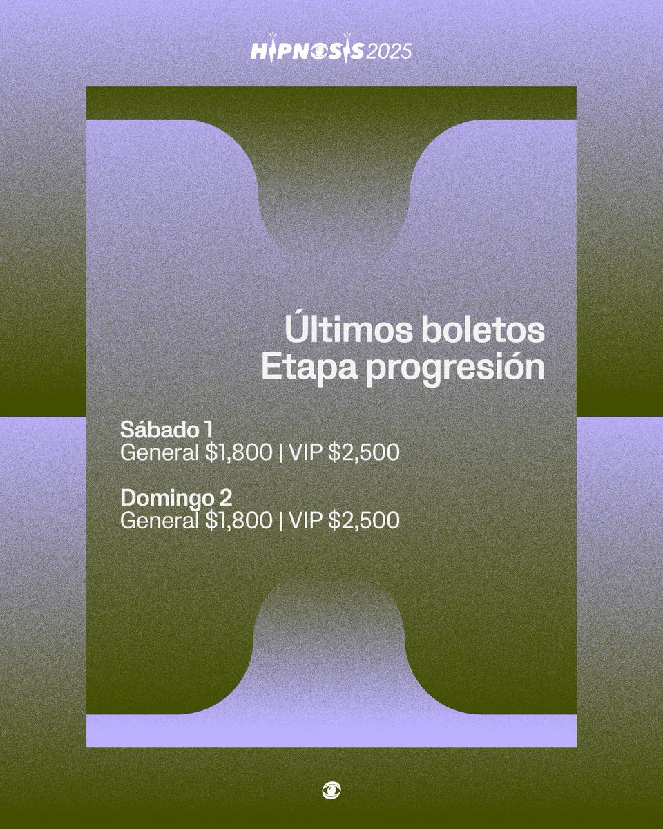 HipnosisMX's tweet image. La etapa Progresión para el #FestivalHipnosis2025 comenzó. Si estabas esperando una señal, es esta. ⚡
Consigue tu boleto en FeverUp.com o sin cargos en taquilla del Foro Indie Rocks. 🎟️