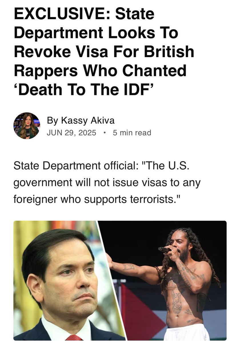 🚨BREAKING: State Department moves to BLOCK the creepy death-chanting weirdo “Bob Vylan” from entering the U.S.

He was scheduled to tour 20 U.S. cities, including NYC, LA, Boston, and DC.
But now?
The State Department is reportedly preparing to REVOKE his visa before he ever