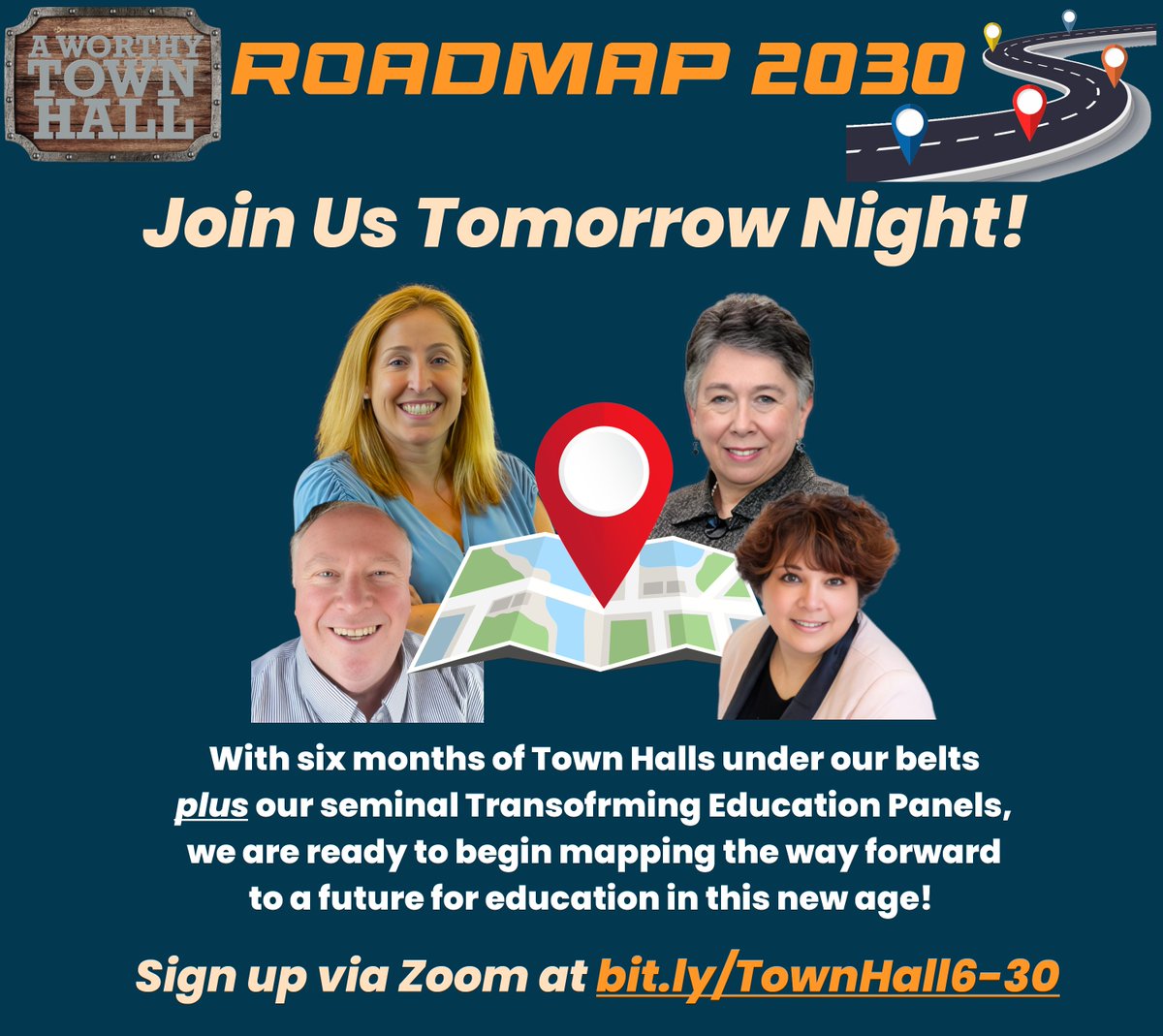 A quartet of #cartographers excited to roll up their sleeves and begin this important #expedition into the #future of #education - join us 7pm et TOMORROW NIGHT! Register for FREE via Zoom: bit.ly/TownHall6-30 <a href="/KellCusmano/">Kelley Cusmano</a> <a href="/MishkatMoumin/">Mishkat Al Moumin</a> <a href="/khmmc/">Kathleen McClaskey</a> #twe #edchat #edutwitter