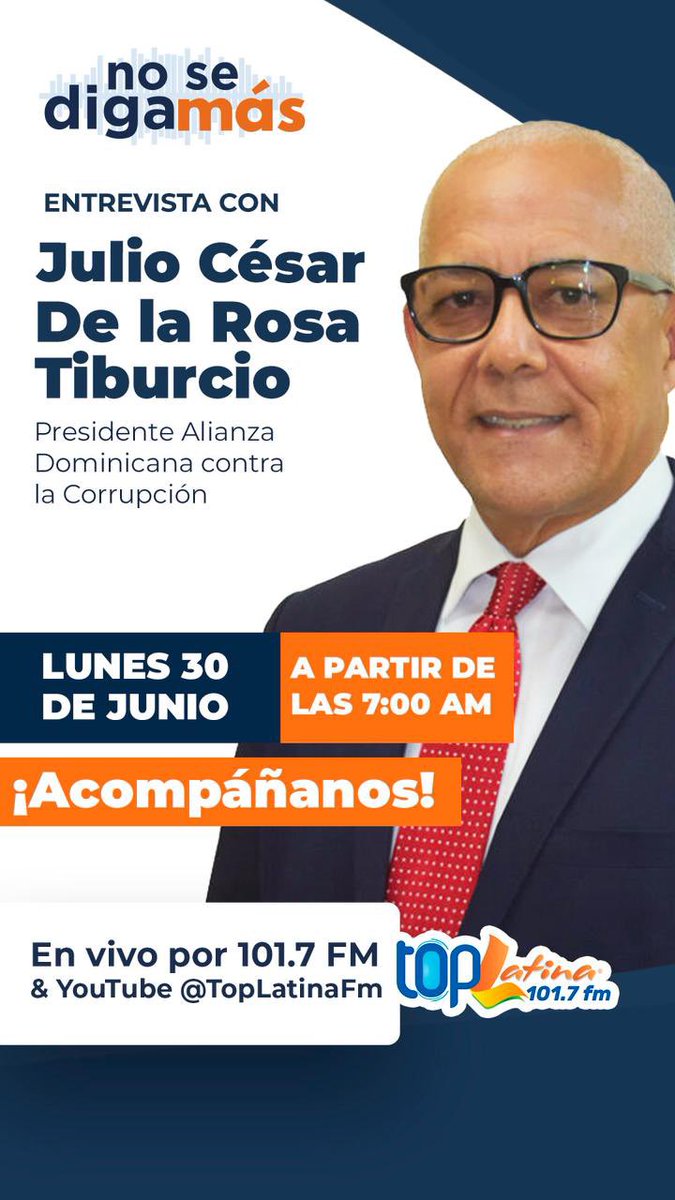 Mañana nos acompaña <a href="/JulioDelaRosa/">Julio De la Rosa Tiburcio</a> 

<a href="/NosedigamasRD/">No Se Diga Más Radio</a>