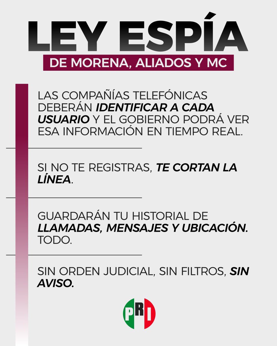 Morena y sus aliados de Movimiento Ciudadano, PT y Verde aprobaron la #LeyEspía, con la que el gobierno sabrá en todo momento dónde estás y con quién te comunicas, sin necesidad de una orden judicial.

Esto implica un enorme riesgo para los ciudadanos, pues su información estará