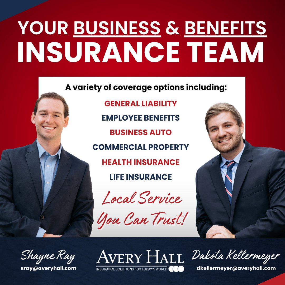 Avery Hall Insurance Group (@averyhallins) on Twitter photo Commercial account executive Shayne Ray and Benefits account executive Dakota Kellermeyer are here to help. Reach out to them today at sray@averyhall.com or dkellermeyer@averyhall.com 📬
#allinoneinsurance #businessandbenefits #groupbenefits #businessowner Commercial account executive Shayne Ray and Benefits account executive Dakota Kellermeyer are here to help. Reach out to them today at sray@averyhall.com or dkellermeyer@averyhall.com 📬
#allinoneinsurance #businessandbenefits #groupbenefits #businessowner