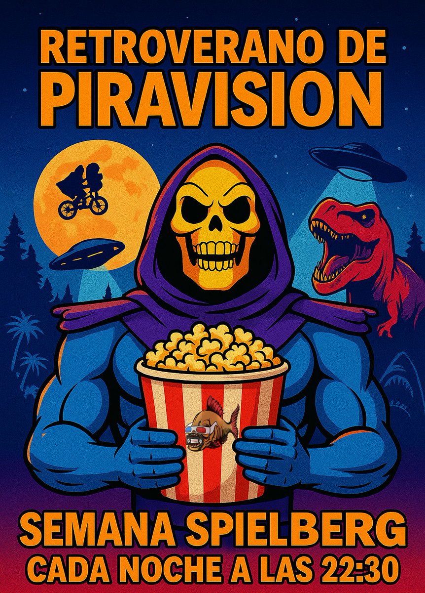 PiraVision's tweet image. 🎬 Esta semana, en las noches de cine temáticas de Piravision:

🦖 Dinosaurios sueltos, tiburones hambrientos, OVNIs… y aliens en bicicletas voladoras.

🕤 Cada noche a las 22:30h: SESIÓN SPIELBERG

Piraviewers… no olvidéis llamar a “Mii caaaasa” 👉  kick.com/piravision