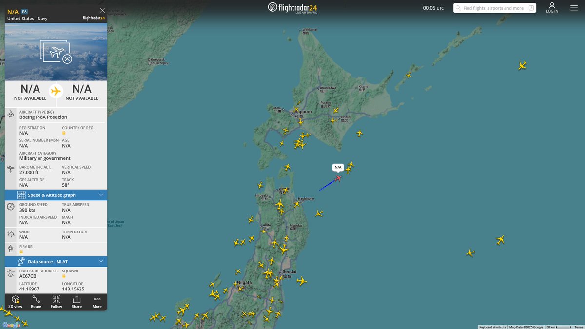 AIYeyENGDdJkjTr's tweet photo. June 30, 2025
#Misawa Air Base #East sea of Japan
#NoCALLSIGN #AE67CB USN P-8A Poseidon https://t.co/f5vXQstnCQ