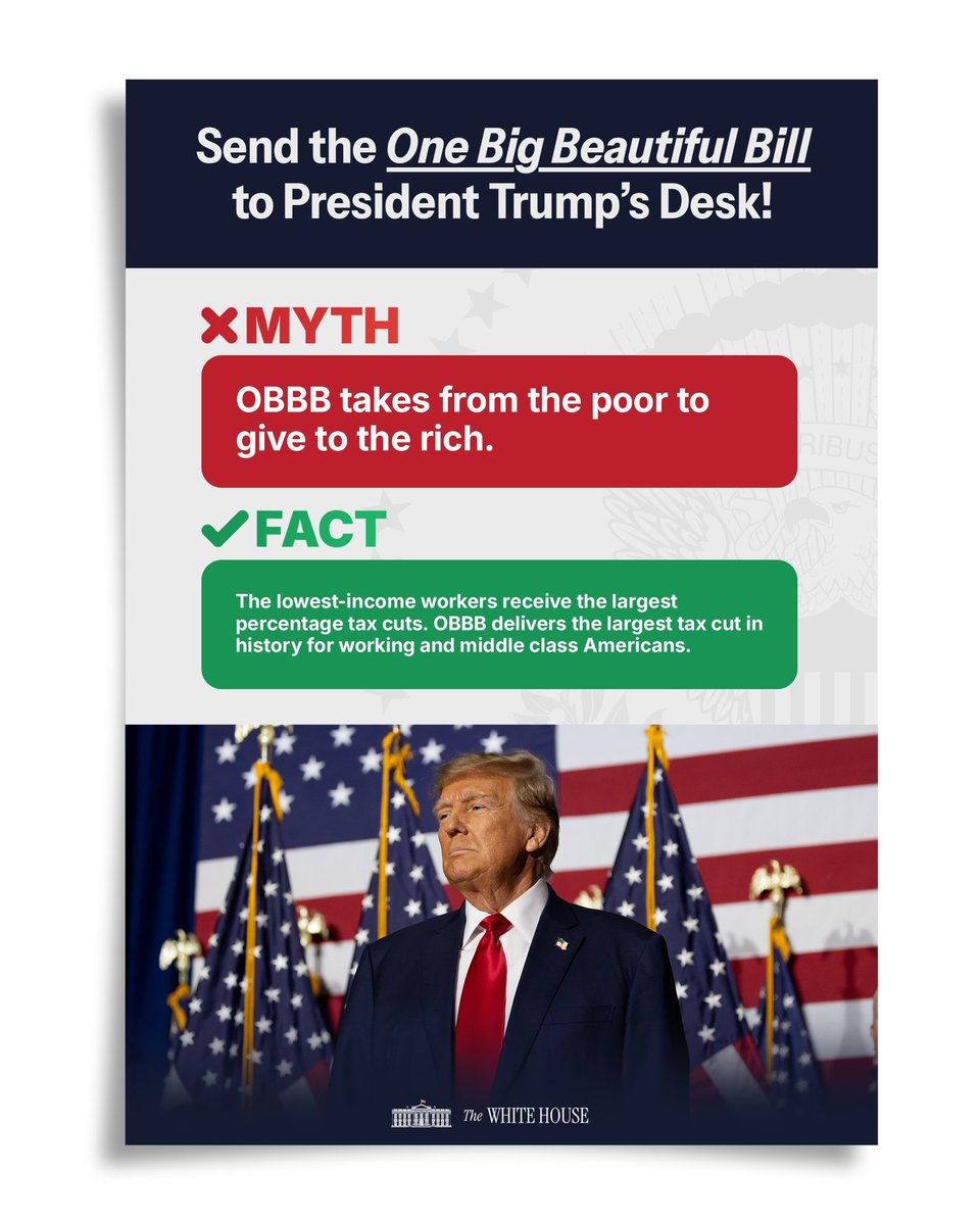 ✅ The lowest-income workers receive the largest percentage tax cuts. President Trump’s One Big Beautiful Bill delivers the largest tax cut in history for working and middle class Americans.