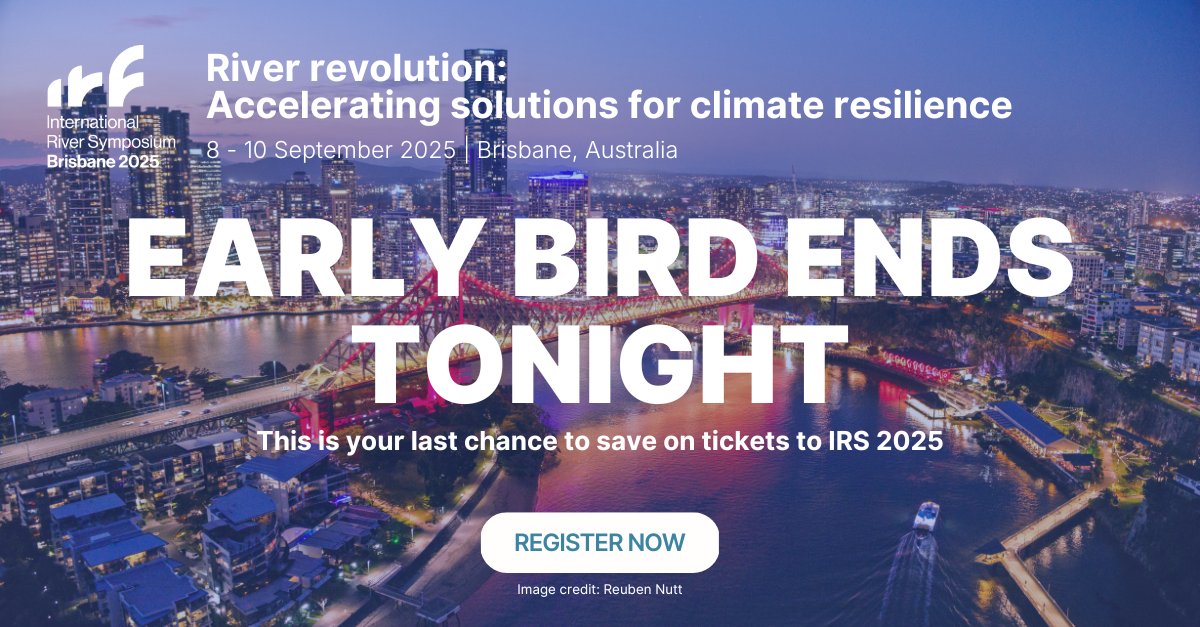 ReviveOurRivers's tweet image. Rivers are running out of time – and so is early bird registration.
Join us in Brisbane for the #IRS2025 this September and be part of the movement driving real change for rivers and communities.
Early bird ends tonight – register now to save up to $200: bit.ly/449ktJZ
