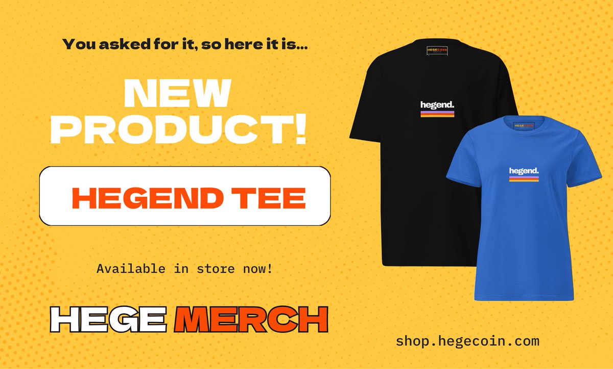 In addition to the Hegend sweatshirt, we have these two tees in various colors.

Check them out 👉 shop.hegecoin.com

Pay with crypto or card.

#HegeMerch