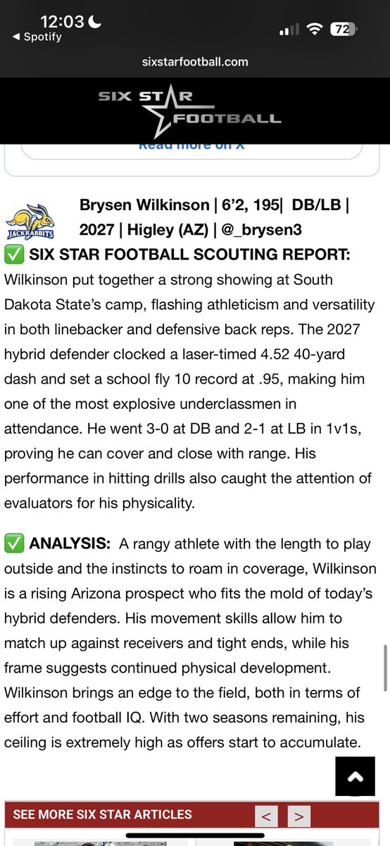Brysen Wilkinson 6’2 185lb DB/LB (@_brysen3) on Twitter photo Thank you <a href="/sixstarfootball/">Six Star Football | PLUS+</a> for mentioning me in the <a href="/GoJacksFB/">SDSU Football</a> mega camp article. so appreciate the love and look forward to improving everyday! <a href="/CoverageU_/">Preston Hale</a> <a href="/CoachHolguin16/">Coach Michael Holguin</a> <a href="/COYjuniorB/">Rand Baker</a> <a href="/HIGLEYFOOTBALL/">Higley Football</a> <a href="/azc_obert/">Richard Obert</a> <a href="/CoachiJACK/">Coach IJack</a> <a href="/CoachRobArmand/">Robert Armand</a> <a href="/Coach_Bergy/">Brian Bergstrom</a> <a href="/therealbeadle/">Adam Beadle</a> Thank you <a href="/sixstarfootball/">Six Star Football | PLUS+</a> for mentioning me in the <a href="/GoJacksFB/">SDSU Football</a> mega camp article. so appreciate the love and look forward to improving everyday! <a href="/CoverageU_/">Preston Hale</a> <a href="/CoachHolguin16/">Coach Michael Holguin</a> <a href="/COYjuniorB/">Rand Baker</a> <a href="/HIGLEYFOOTBALL/">Higley Football</a> <a href="/azc_obert/">Richard Obert</a> <a href="/CoachiJACK/">Coach IJack</a> <a href="/CoachRobArmand/">Robert Armand</a> <a href="/Coach_Bergy/">Brian Bergstrom</a> <a href="/therealbeadle/">Adam Beadle</a>