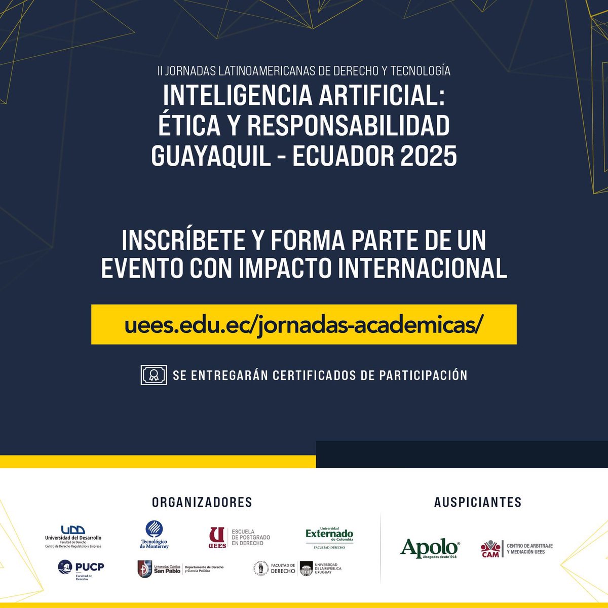 PostDerechoUEES's tweet image. Invitados a inscribirse y ser parte de un evento de trascendencia internacional.

🗓️ 9 y 10 de septiembre. 

📍 Campus @uees_ec 🇪🇨 (Evento presencial) 

🔗 Inscripciones: uees.edu.ec/jornadas-acade…

☑️ Evento sin costo, cupos limitados. 

#InteligenciaArtificial #UEESInternacional